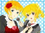  blonde_hair blue_eyes dress flower grey_eyes hair_ornament microphone ponytail sion-cilk umineko_no_naku_koro_ni ushiromiya_jessica 