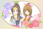  2girls armor black_hair brown_eyes brown_hair female hasuhiko headband inahime japanese_clothes kimono long_hair necklace oichi ponytail sengoku_musou violet_eyes 