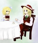  alice_margatroid alice_margatroid_(pc-98) alternative_outfit blonde_hair blue_eyes book chair crucifix hat long_sleeves loose_belt ribbon short_sleeves table tablecloth teacup touhou touhou_(pc-98) 