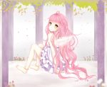  1girl anklet barefoot dress jewelry long_hair original pink_hair sitting smile solo tree very_long_hair wings yellow_eyes 