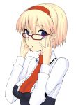  adjusting_glasses alice_margatroid bespectacled blonde_hair blue_eyes bust face glasses hairband hands looking_back short_hair solo touhou uro 