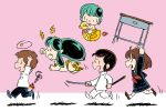  bikini brown_hair desk fire flying green_hair horns katana long_hair lum mendou_shuutarou miyake_shinobu moroboshi_ataru oni parody peanuts running scabbard school_uniform serafuku sheath star style_parody swimsuit sword ten_(urusei_yatsura) urusei_yatsura weapon 