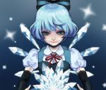  bad_id blue_hair blush bow cirno elbow_gloves gloves hachienza hair_bow ice short_hair smile solo touhou wings 
