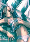  armpits blue_eyes bra dated flat_chest highres hits kawata_hisashi lingerie long_hair lying midriff on_back open_mouth original panties silver_hair sketch solo underwear white_panties 