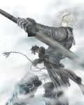  blue_eyes chain chains gloves highres hisui_yuu looking_back male nier nier_(character) short_hair silver_hair solo sword weapon white_hair 