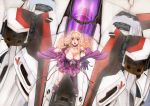  blue_eyes breasts cockpit floating gerwalk gloves long_hair macross macross_frontier mecha microphone outstretched_arm outstretched_hand pinky_out sheryl_nome singing single_thighhigh thighhighs vf-15 vf-25 