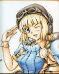  armor beret blonde_hair blue_eyes gloves goggles goggles_on_head hat headphones major_miles marker_(medium) masana_hatuse mecha_musume open_mouth shikishi strike_witches traditional_media uniform wink 