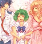  blonde_hair blue_eyes closed_eyes dress green_hair jewelry long_hair macross macross_frontier necklace necktie petals ponytail ranka_lee saotome_alto sheryl_nome short_hair 