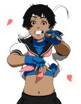  black_eyes black_hair clenched_teeth dark_skin gloves headband kasugano_sakura midriff navel school_uniform shaq short_hair street_fighter street_fighter_iii street_fighter_iv street_fighter_zero tan 