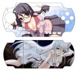  bare_shoulders black_eyes black_hair bow braid down_blouse dress dual_persona glasses hair_bow hanekawa_tsubasa highres long_hair monogatari_(series) mosho playstation_portable psp school_uniform strap_slip twin_braids very_long_hair white_hair 