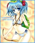  bag bikini blue_eyes blue_hair hair_bobbles hair_ornament hat kawashiro_nitori key short_hair striped striped_bikini striped_swimsuit sumire_(sumiringo2008) swimsuit touhou twintails 