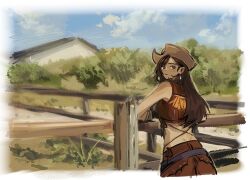 1girl bare_shoulders beerenfuchs belt black_hair blue_sky blurry blurry_background bracelet brown_hat brown_skirt brown_vest closed_mouth clouds cloudy_sky commentary cowboy_hat cowgirl_(western) crop_top dimples_of_venus earrings elbow_rest final_fantasy final_fantasy_vii from_behind hat jewelry long_hair looking_at_viewer looking_back official_alternate_costume outdoors red_eyes skirt sky solo tifa_lockhart tifa_lockhart_(cowgirl) untranslatable_commentary upper_body vest 