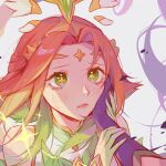  2girls absurdres artist_name bangs bare_shoulders blush closed_mouth dress gloves green_eyes green_hair grey_background hand_on_another&#039;s_cheek hand_on_another&#039;s_face hands_up highres league_of_legends medium_hair multiple_girls neeko_(league_of_legends) parted_bangs purple_gloves redhead ruan_chen_yue shiny shiny_hair solo_focus star_guardian_neeko watermark wings 