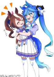 2girls :d @_@ ^_^ ahoge animal_ears aqua_hair blue_eyes blue_hair blush bow bowtie brown_hair character_doll closed_eyes commentary_request crossed_bangs doll ear_ornament feet_out_of_frame hair_bow heterochromia highres holding holding_doll horse_ears horse_girl horse_tail long_hair multicolored_hair multiple_girls notice_lines open_mouth petticoat pleated_skirt ponytail purple_bow purple_bowtie purple_shirt sailor_collar school_uniform sharp_teeth shirt sidelocks simple_background skirt smile standing streaked_hair striped_bow ta_bo_enzin tail teeth thigh-highs tokai_teio_(umamusume) tracen_school_uniform twin_turbo_(umamusume) twintails twitter_username two-tone_hair umamusume very_long_hair violet_eyes white_background white_sailor_collar white_skirt white_streaks white_thighhighs 