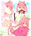  1girl ^_^ absurdres animal_ears bare_legs bare_shoulders braid cat_ears cat_girl cat_tail closed_eyes food highres ice_cream long_hair long_sleeves object_hug one_eye_closed open_mouth original pants pillow pillow_hug pink_hair pink_pants pink_shorts pink_sweater red_eyes red_shirt shirt shorts single_braid smile sweater sweetmeloday tail tank_top teeth twintails white_tank_top 
