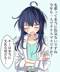  1girl ahoge aqua_background blue_hair blush camisole collarbone commentary_request crossed_arms dot_nose embarrassed flat_chest green_camisole highres irutann lab_coat long_hair looking_at_viewer open_mouth original sanpaku simple_background solo speech_bubble straight-on sweatdrop upper_body v-shaped_eyebrows violet_eyes 