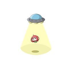  1girl :3 abduction ahoge akino_ell blue_eyes closed_mouth collared_shirt flying_saucer go-toubun_no_hanayome green_skirt hair_ornament long_hair nakano_itsuki red_hair shadow shirt short_sleeves simple_background skirt solo spacecraft star_(symbol) star_hair_ornament sweater_vest tractor_beam ufo very_long_hair white_background white_shirt 