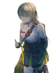  1010kman 1girl ammunition_pouch blonde_hair commentary girls'_frontline_2:_exilium girls_frontline highres lainie_(girls'_frontline_2) long_hair pouch sleeveless solo star-shaped_pupils star_(symbol) symbol-shaped_pupils ump40_(girls'_frontline) very_long_hair white_background yellow_eyes 