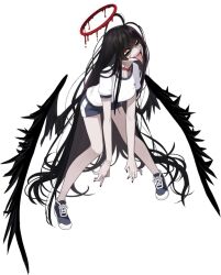  1girl absurdly_long_hair bags_under_eyes black_hair black_nails black_wings blood blood_halo blue_archive blue_shoes blue_shorts blue_trim breasts choker constricted_pupils crazy_smile cross-laced_shoes drooling feathered_wings full_body game_asset gym_uniform half-closed_eyes halo happy head_tilt highres large_breasts large_variant_set leaning_forward liquid_halo long_hair looking_up melting_halo messy_hair mx2j official_art open_mouth raised_inner_eyebrows red_choker red_eyes red_halo saliva sharp_teeth shirt shoes short_shorts short_sleeves shorts sidelocks simple_background smile sneakers solo standing tachi-e teeth third-party_source tongue tongue_out transparent_background tsurugi_(blue_archive) variant_set very_long_hair white_shirt wings 