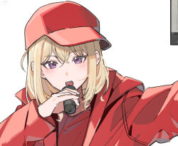  1girl art_program_in_frame bang_dream! bang_dream!_it's_mygo!!!!! blonde_hair commentary_request hair_between_eyes hat jacket medium_hair misumi_uika nanami_(nunnun_0410) open_mouth red_hat red_jacket red_shirt shirt simple_background solo teeth upper_teeth_only violet_eyes white_background 