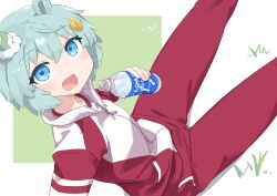  1girl :d animal_ears blue_eyes blue_hair border bottle collarbone commentary_request ear_covers feet_out_of_frame from_above grass green_background gym_shirt hair_between_eyes highres holding holding_bottle horse_ears horse_girl jacket looking_at_viewer medium_hair multicolored_jacket open_mouth outside_border pants plastic_bottle red_jacket red_pants seiun_sky_(umamusume) shirt sidelocks sitting smile solo totomono tracen_training_uniform track_jacket track_pants two-tone_jacket umamusume water_bottle white_border white_jacket white_shirt 