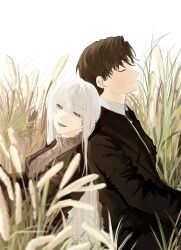 1boy 1girl 2io1lo angelica_(project_moon) back-to-back black_hair black_jacket black_necktie black_pants black_suit blue_eyes closed_eyes collared_shirt commentary english_commentary facial_hair field grass grey_sweater hetero highres husband_and_wife jacket library_of_ruina light_particles long_hair long_sleeves looking_to_the_side lower_teeth_only making-of_available necktie open_mouth pants project_moon roland_(project_moon) shirt short_hair sideburns_stubble sidelocks sitting smile straight_hair stubble suit suit_jacket sweater tall_grass teeth turtleneck turtleneck_sweater very_long_hair white_background white_hair white_shirt 
