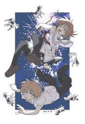  1boy 1girl black_pantyhose blue_eyes border brown_hair capelet commentary_request cow dated fireworks highres holding holding_fireworks loafers mamiya_takuji necktie night outside_border pantyhose red_necktie school_uniform shirt shoes short_hair skirt sky subarashiki_hibi tachibana_kimika white_border white_capelet white_shirt white_skirt yang_miemie_benti 
