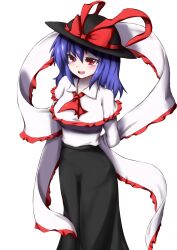  1girl arms_behind_back black_hat black_skirt blush breasts commentary_request frilled_shawl frills hat hat_ribbon highres krace long_skirt medium_breasts nagae_iku open_mouth red_eyes red_ribbon ribbon shawl simple_background skirt smile solo standing touhou transparent_background variant_set white_shawl 