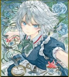  1girl apron blue_dress blue_eyes blue_flower blue_rose bow bowtie braid breasts closed_mouth collared_shirt commentary cup dress floating floating_object floating_weapon flower green_bow green_bowtie grey_hair hair_bow highres izayoi_sakuya kisarush knife long_hair looking_at_viewer maid maid_headdress medium_breasts painting_(medium) pinafore_dress plate pocket_watch puffy_short_sleeves puffy_sleeves rose shirt short_sleeves sleeveless sleeveless_dress solo teacup touhou traditional_media twin_braids untranslatable_commentary waist_apron watch watercolor_(medium) white_apron white_shirt 