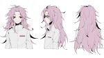  1boy akarennsouko antenna_hair chinese_commentary closed_mouth colored_sclera commentary_request expressionless grey_sclera hatsutori_hajime highres long_hair long_sleeves male_focus multiple_views pink_hair red_eyes saibou_shinkyoku shirt smile upper_body white_background white_shirt 
