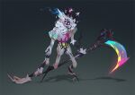  1boy crown fiddlesticks full_body glowing glowing_eye gradient gradient_background grey_background grin highres holding holding_weapon league_of_legends multicolored_clothes oskar_vega scythe smile solo space sparkle standing star_nemesis_fiddlesticks weapon 