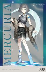  1girl bare_shoulders black_skirt blue_border blue_eyes blunt_bangs blunt_ends bob_cut boots border character_name character_signature commentary crescent earrings english_text feather_boa fragrance_(freakyduck9000) full_body gold_choker grey_background grey_boots grey_hair grey_tank_top highres holding holding_pendulum jewelry leg_tattoo legs_apart looking_at_viewer mercuria_(reverse:1999) midriff miniskirt pendulum reverse:1999 short_hair shoulder_tattoo skirt solo sparkle standing tank_top tattoo tile_floor tiles 