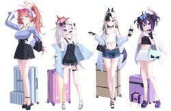  4girls 82jhin absurdres aru_(blue_archive) bag bare_legs belly black_choker black_hair black_horns blue_archive bow bowtie choker commentary cropped_shirt denim denim_shorts hair_ornament halo handbag haruka_(blue_archive) high_heels highres horns jacket kayoko_(blue_archive) long_hair looking_at_viewer missing_halo multicolored_hair multiple_girls mutsuki_(blue_archive) navel off-shoulder_shirt off_shoulder open_mouth overalls pencil_skirt purple_hair purple_halo red-tinted_eyewear red_eyes red_hair red_halo shirt shorts side_ponytail skirt suitcase tank_top thigh_strap tinted_eyewear twintails two-tone_hair untranslatable_commentary violet_eyes white_bow white_bowtie white_hair white_jacket white_skirt white_tank_top yellow_eyes 