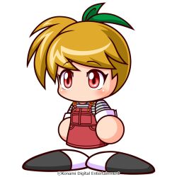  1girl artist_request black_shoes blonde_hair bow commentary_request copyright_notice green_bow hair_bow high_side_ponytail inaho_aki jikkyou_powerful_pro_yakyuu jikkyou_powerful_pro_yakyuu_(style) multicolored_shoes no_mouth official_art overall_skirt overalls rayman_limbs red_eyes red_overalls shirt shoes short_hair side_ponytail solo striped_clothes striped_shirt two-tone_shoes white_background white_shoes 