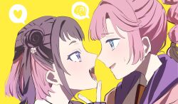  2girls anyoji_hime black_hair black_ribbon blue_eyes cardigan colored_inner_hair commentary_request double_bun eye_contact fangs flower hair_bun hair_flower hair_ornament hair_ribbon heart highres hood hooded_jacket jacket long_hair long_sleeves looking_at_another love_live! love_live!_hasu_no_sora_jogakuin_school_idol_club multi-tied_hair multicolored_hair multiple_girls open_clothes open_jacket open_mouth pink_eyes pink_hair pink_jacket ponytail purple_cardigan ribbon shinowa_mion sidelocks sleeves_past_wrists spoken_heart spoken_squiggle squiggle sweatdrop two_side_up virtual_youtuber white_flower yellow_background zuisetsu 