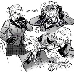  2girls alternate_costume anger_vein aotsuki_eito breasts chibi chibi_inset collared_shirt commentary_request evil_smile genderswap genderswap_(mtf) glasses gloves hand_on_another's_head hand_on_own_hip hands_on_own_head jacket long_hair medium_breasts multiple_girls multiple_views neck_ribbon ribbon saliva shaded_face shirt skirt smile smirk spoilers sumino_takumi sweat the_hundred_line_-last_defense_academy- wa_ga_ne 