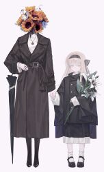  2girls absurdres black_coat black_dress black_pantyhose black_shoes black_tiara bouquet buttons carrying carrying_under_arm character_request closed_mouth coat copyright_request double-breasted dress flower flower_head full_body highres holding_hands jewelry long_hair mary_janes multiple_girls necklace object_head pantyhose pendant shirt shoes simple_background socks sunflower tiara turtleneck turtleneck_shirt umbrella white_background white_eyes white_flower white_hair white_shirt white_socks yaoyao_(yoyo27456335489) 
