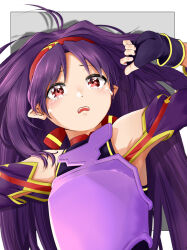  1girl ahoge armor armpit_peek bare_shoulders border breastplate collared_leotard commentary_request crying d: detached_sleeves fingerless_gloves gloves grey_background hair_ribbon hairband hands_up high_collar highres long_hair long_sleeves looking_at_viewer messy_hair nemu_(46_2367teimei) open_mouth outside_border purple_armor purple_gloves purple_hair purple_sleeves red_eyes red_hairband red_ribbon red_trim ribbon shadow simple_background solo sword_art_online teeth upper_body upper_teeth_only white_border yellow_trim yuuki_(sao) 