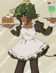  1girl alternate_costume animal_ears animal_print aurochs_(kemono_friends) bikini blush brown_hair cherry closed_mouth colored_tips cow_ears cow_horns cow_print cow_print_bikini cow_tail cup dark-skinned_female dark_skin dress drink drinking_straw food fruit green_hair hands_up highres holding holding_tray horizontal_pupils horns kemono_friends legs_apart long_sleeves multicolored_hair neyomu pancake pancake_stack pantyhose plate print_bikini ribbon short_hair smile solo square_neckline standing strawberry swimsuit tail tray two-tone_hair very_dark_skin waitress whipped_cream 