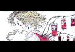  1girl absurdres black_border blonde_hair blood blood_bag blood_on_face blood_splatter border closed_mouth collared_shirt colored_skin commentary_request diamond_earrings ear_piercing earrings enca_biniru expressionless eyelashes flandre_scarlet floating_hair from_side highres jewelry letterboxed light_frown looking_ahead missing_headwear nostrils piercing pointy_nose red_eyes red_vest shirt short_hair_with_long_locks simple_background single_sidelock skeletal_wings solo touhou traditional_media upper_body vest white_background white_shirt white_skin wings 