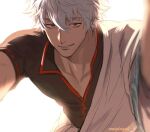  1boy bangs blurry blurry_foreground gintama hair_between_eyes japanese_clothes kanapy kimono looking_at_viewer male_focus open_clothes open_kimono parted_lips red_eyes sakata_gintoki short_sleeves signature simple_background solo upper_body white_hair wide_sleeves 