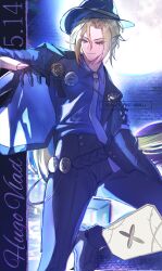  1boy arm_up black_gloves black_jacket black_pants black_shoes blonde_hair blue_eyes blue_hat blue_shirt character_name closed_mouth collared_shirt commentary_request gloves hat heterochromia highres hugo_vlad jacket lapels long_sleeves looking_to_the_side male_focus omochi_1010_2 pants parted_hair pointy_ears red_eyes shirt shirt_tucked_in shoes sideways_glance smile solo watermark wing_collar zenless_zone_zero 