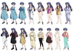  1girl barefoot black_dress black_pants black_shoes black_socks blue_dress blue_hair blue_pajamas blue_pants bow brown_eyes brown_skirt brown_sweater closed_mouth commentary_request dougi dress english_commentary fuurinkan_high_school_uniform green_pants grey_shoes hair_bow leotard long_hair luuxiriver overalls pajamas pants pink_shoes pink_shorts pink_sweater pink_tank_top ranma_1/2 school_uniform shirt shoes short_hair shorts skirt slippers smile socks solo sportswear sweater tank_top tendou_akane white_background white_leotard white_overalls white_pants white_shirt white_slippers white_socks yellow_bow yellow_dress yellow_pajamas yellow_slippers 
