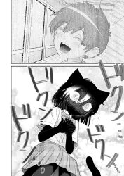  1boy 1girl akama_ichibee_(katsumata_hiroki) animal_ears black_fur black_hair blush body_fur bow bowtie cat_ears cat_girl commentary from_below full-face_blush furry furry_female greyscale hair_between_eyes hands_on_own_chest highres kamoku_dakedo_mechakucha_nori_no_ii_kuroneko-chan katsumata_hiroki kuroi_kuroneko_(katsumata_hiroki) monochrome multicolored_hair no_mouth plaid_bow plaid_bowtie plaid_clothes plaid_skirt remembering shirt short_sleeves skirt streaked_hair sweat translation_request white_shirt white_streaks 