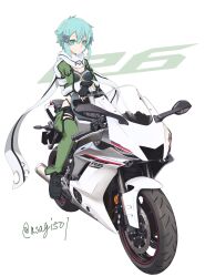  1girl ankle_boots aqua_eyes aqua_hair armored_leotard artist_name asagi501 black_boots black_gloves black_leotard black_shorts black_trim boots breasts bullet_hole closed_mouth commentary_request cropped_jacket crossed_wrists detached_pants double-parted_bangs fingerless_gloves full_body gloves green_jacket green_pants hair_between_eyes hair_ornament hairclip highleg highleg_leotard highres jacket leotard light_smile long_sleeves looking_at_viewer medium_breasts medium_hair messy_hair motor_vehicle motorcycle multicolored_jacket multicolored_leotard on_motorcycle open_clothes open_jacket pants scarf short_shorts shorts sidelocks simple_background sinon skindentation solo split_mouth sword_art_online tassets thigh_strap torn_clothes torn_scarf twitter_username two-tone_jacket two-tone_leotard vehicle_request watermark white_background white_jacket white_leotard white_scarf 