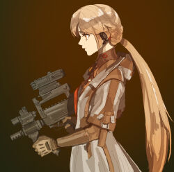  1010kman 1girl assault_rifle blonde_hair bullpup character_request commentary_request from_side girls'_frontline_2:_exilium girls_frontline groza_(girls'_frontline_2) gun highres holding holding_gun holding_weapon looking_to_the_side low_ponytail ots-14_(girls'_frontline) ots-14_groza ponytail red_eyes rifle scope solo weapon 