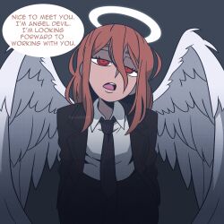  1boy androgynous angel_devil_(chainsaw_man) angel_wings black_jacket black_necktie black_suit brown_hair chainsaw_man commentary english_commentary english_text eyebrows_hidden_by_hair hair_between_eyes halo highres jacket leaning_forward long_hair male_focus necktie open_mouth red_eyes ringed_eyes sayasushiswag shirt solo suit white_shirt wings 
