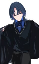  1girl belt black_belt black_pants black_sweater blue_collar blue_eyes blue_hair blue_shirt bright_pupils chain chain_necklace collar collared_shirt colored_inner_hair commentary_request cowboy_shot dot_nose grey_jacket half-closed_eyes head_tilt highres hiodoshi_ao hiodoshi_ao_(1st_costume) hololive hololive_dev_is jacket jewelry long_sleeves medium_hair mole mole_under_mouth multicolored_hair necklace pants parted_bangs pinstripe_jacket pinstripe_pattern putting_on_jacket reverse_trap shirt shirt_tucked_in simple_background sion_nowloading sleeves_past_wrists smirk solo striped_clothes striped_jacket striped_suit suit suit_jacket suit_pants sweater v-neck vertical-striped_clothes vertical-striped_jacket virtual_youtuber white_background white_pupils wolf_cut 