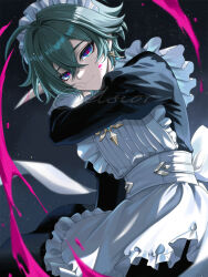  apron aqua_hair blood blue_eyes cinquecento crossdressing dagger earrings genshin_impact hair_between_eyes hair_intakes jewelry juliet_sleeves knife lohen_(genshin_impact) long_sleeves looking_at_viewer maid_apron maid_headdress multicolored_eyes pink_blood puffy_sleeves sidelighting single_earring smile weapon 