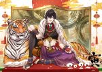  1boy alcohol architecture bishounen black_hair earrings east_asian_architecture fur hair_between_eyes highres jewelry looking_at_viewer makura_wet male_focus original redhead sitting solo tassel tiger traditional_clothes 